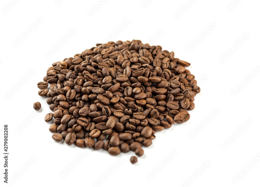 Roasted coffee beans on white background, close-up Roasted coffee beans on white background, close-up