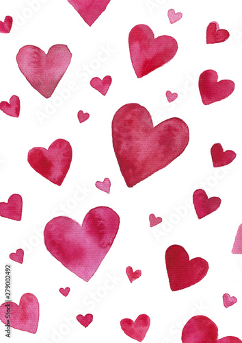 Watercolor pattern on a white background made of hearts of different pink shades for packaging design, background and other types of design