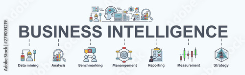 Business Intelligence banner web icon for business plan, data mining, analysis, Strategy, measurement, benchmarking, report and management. Minimal vector infographic.