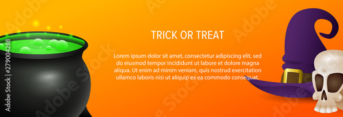 Trick or treat text with potion cauldron, witch hat and skull on orange background. Halloween greeting card. Vector illustration can be used for banner, poster, flyer