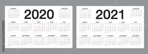 Simple calendar Layout for 2020 and 2021 years on white background, desk calendar, Week starts from Sunday. vector template.