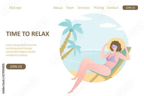 tropical background with female charater, palm tree and ocean.Landing page template.