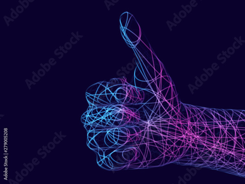Concept of social network and media: digital human hand with thumb up gesture. 3D like symbol in cyberspace. Virtual reality abstract background. EPS 10, vector illustration.