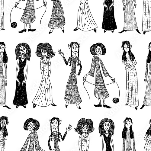 Seamless pattern of various drawn cartoon witches