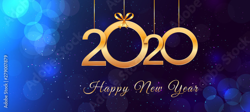2020 Happy New Year vintage text design with shiny golden numbers and ribbon bows on blue background with bokeh effect and falling snow. Design template for holiday banner, poster, greeting card