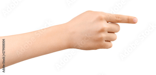 Child's hand pointing to something by forefinger or touching, isolated on white background. Gesture of choice. Side view.