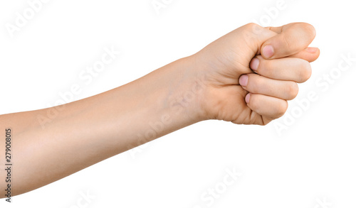 Child's hand shows fig sign. Fico gesture isolated on white background.