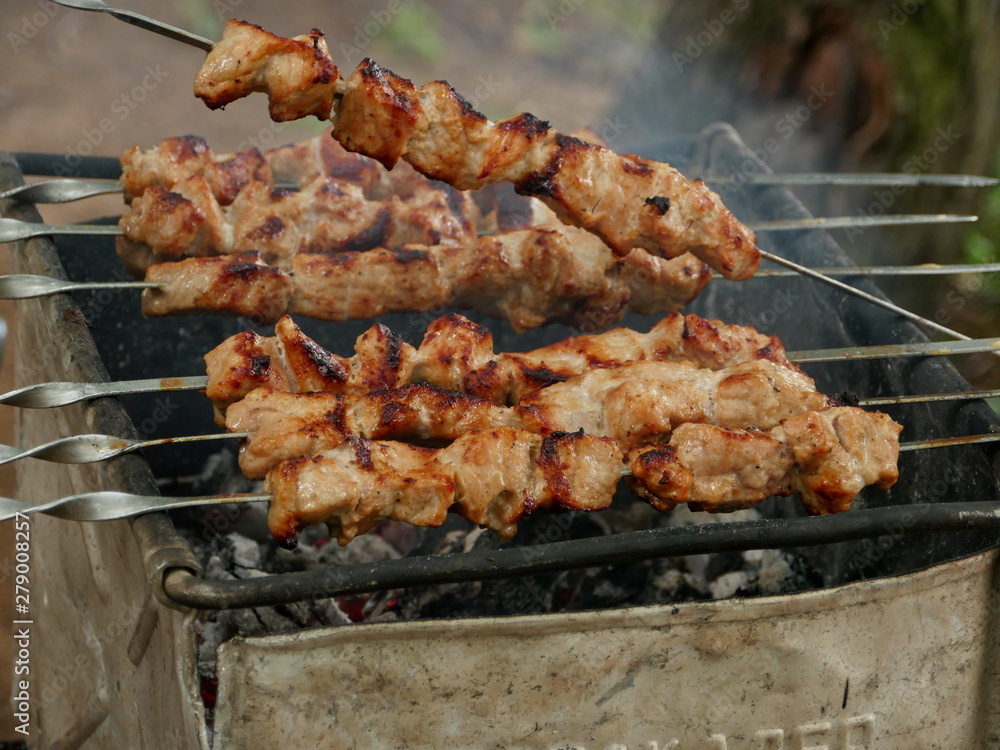 appetizing roasted meat on skewers over hot coals close to