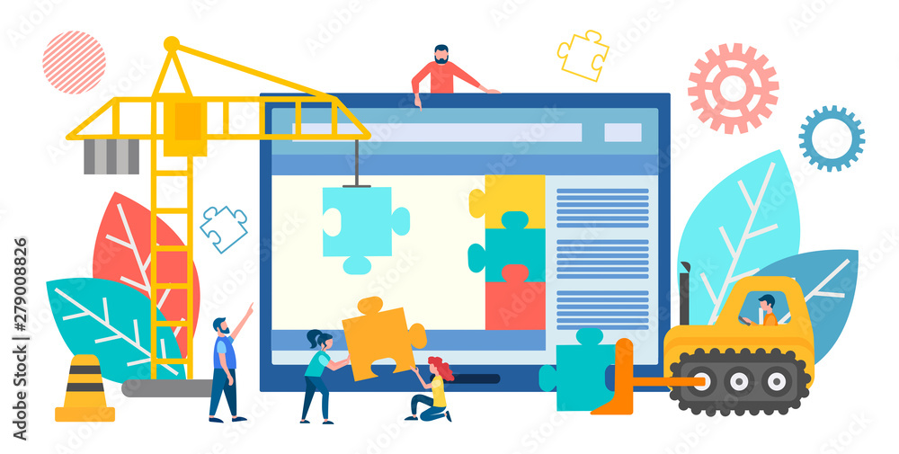 Fototapeta premium Vector illustration of a banner concept work in a team on construction and site optimization.