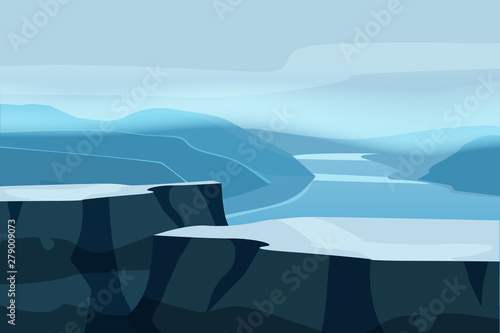 Mountain landscape plateau rock. Rocks hills river fjord sea horizon space parallax panorama