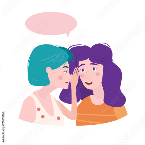 Woman whispering gossip, surprised, says rumors to other female character. Gossiping secret woman flat vector illustration.
