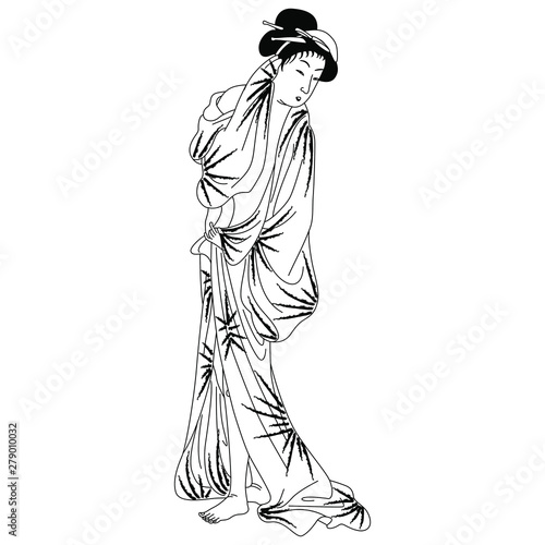 Silhouette of a standing Japanese girl in kimono. Traditional style.