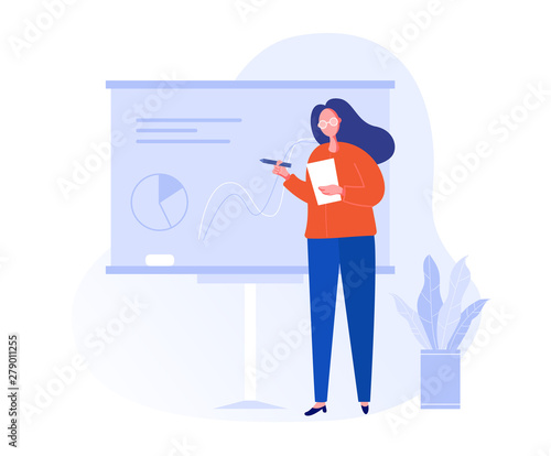 Illustration with a woman working in the office, making a presentation, negotiating and discussing business issues, developing ideas