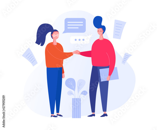 Illustration with people working in the office, making a presentation, negotiating and discussing business issues, developing ideas