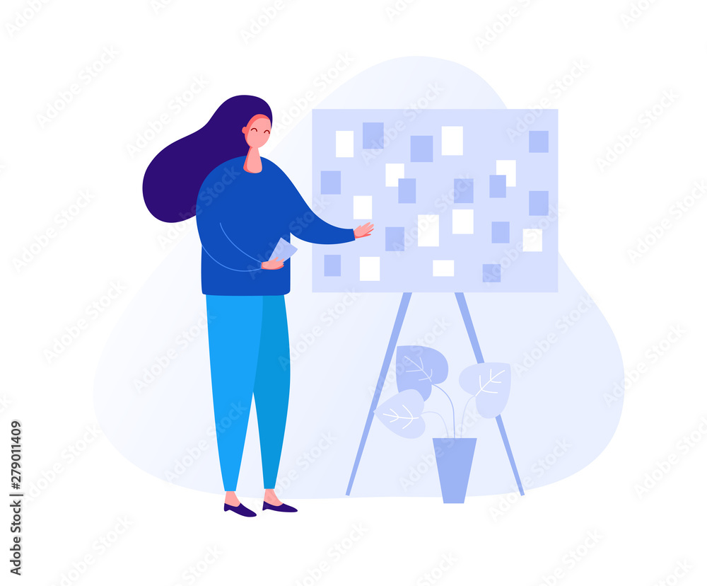 Fototapeta premium Illustration with woman working in the office, making a presentation, negotiating and discussing business issues, developing ideas