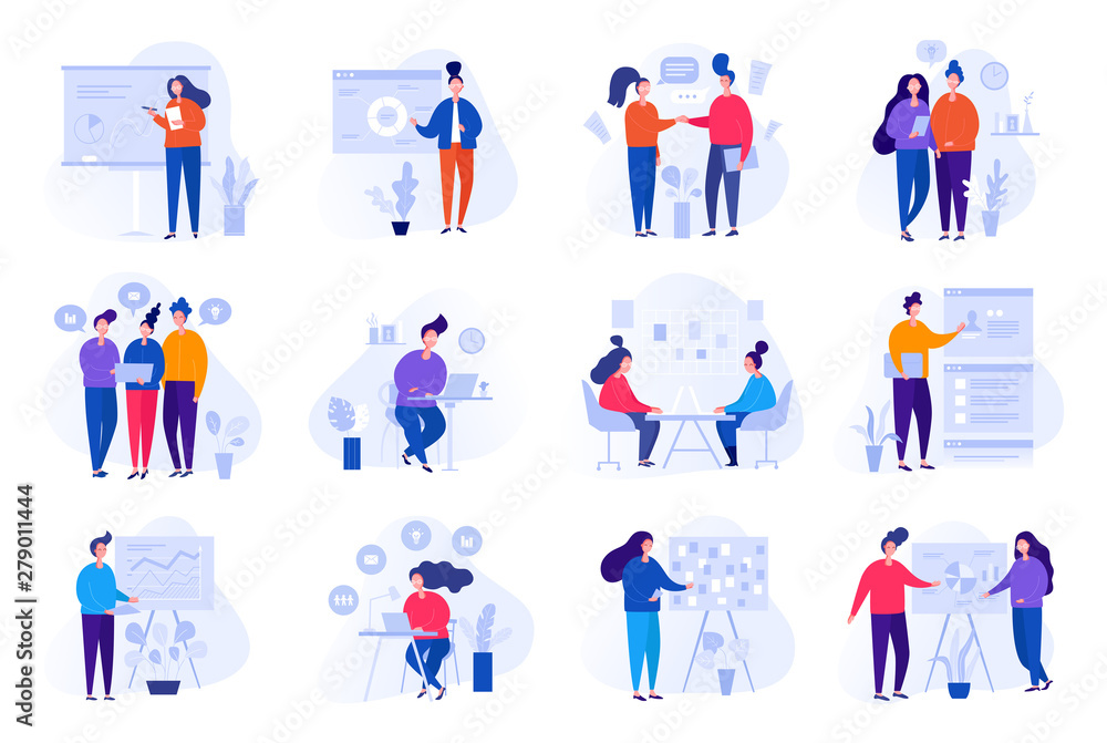 Collection of illustrations with people working in the office, making a presentation, negotiating and discussing business issues, developing ideas