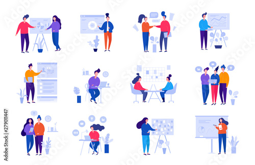 Collection of illustrations with people working in the office, making a presentation, negotiating and discussing business issues, developing ideas