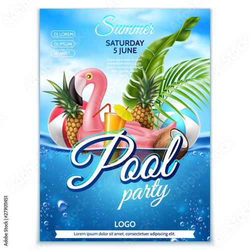 Vector summer pool party tropical leaf flamingo