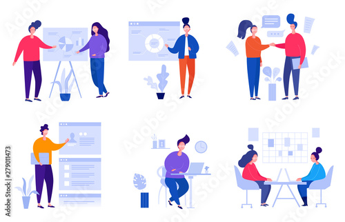 Collection of illustrations with people working in the office, making a presentation, negotiating and discussing business issues, developing ideas