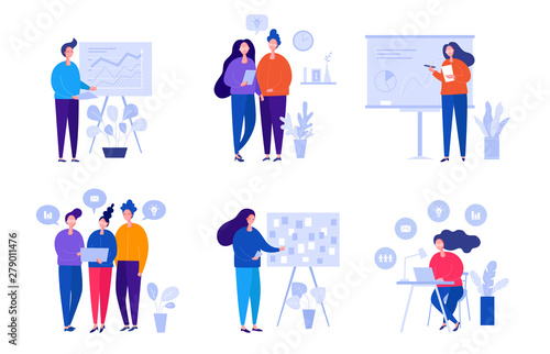 Collection of illustrations with people working in the office, making a presentation, negotiating and discussing business issues, developing ideas