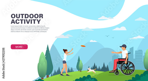 Family spend time together outdoor. Young girl playing frisbee with her disabled father, or sister plays with his brother in a frisbee in nature. Disability and happiness. Family holiday © Pro_Vector