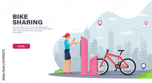 Young guy rents a bike to travel around the city. Bicycle sharing service in city. Bicycle renting station. Landing page design. Modern Vector illustration for websites
