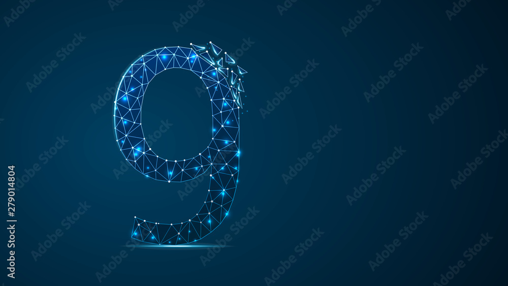 number nine 2D low poly abstract illustration consisting of points, lines, and shapes in the form of planets, stars and the universe. Raster digit 9 wireframe concept. number nine 2D low poly abstract illustration consisting of points, lines, and shapes in the form of planets, stars and the universe. Raster digit 9 wireframe concept.