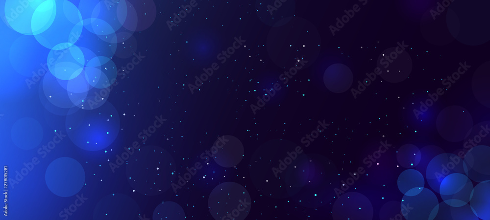 Abstract blue bokeh background with circles. Defocused. Glitter. Decoration element for Christmas and New Year eve holidays celebrations, greeting cards, banners, posters. Copy space