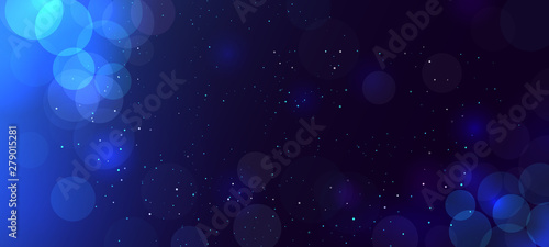 Abstract blue bokeh background with circles. Defocused. Glitter. Decoration element for Christmas and New Year eve holidays celebrations, greeting cards, banners, posters. Copy space