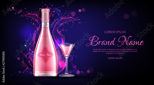 Rose wine bottle and glass mockup banner. Closed flask and wineglass with alcohol vine drink on dark blue background with pink liquid splash, ad promo template Realistic 3d vector illustration