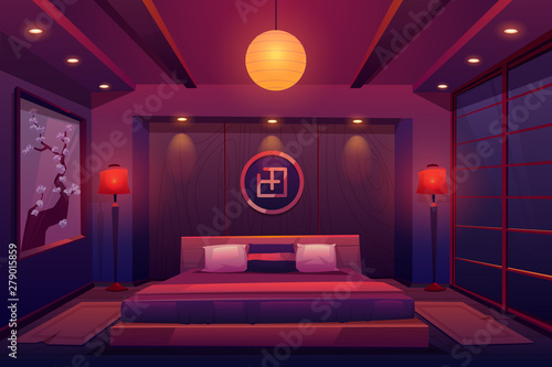 Asian bedroom at night, chinese, japanese eastern room interior in evening with double king size bed, hierogliph symbol, sakura picture on wall, traditional sliding doors. Cartoon vector illustration