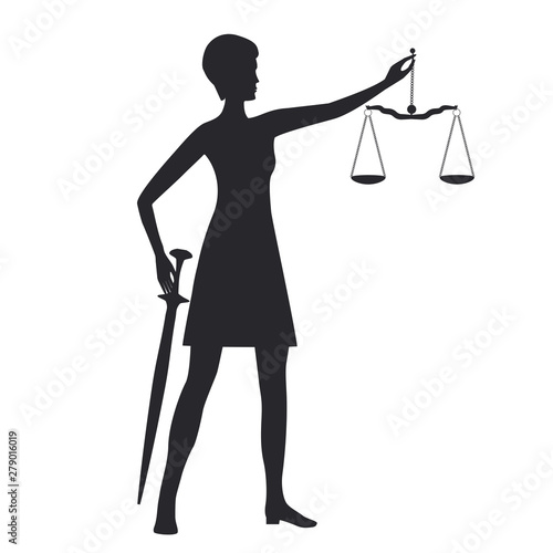 Modern Themis, judge, lawyer, lawyer - in the hands of the sword and scales of justice - isolated on white background - vector.