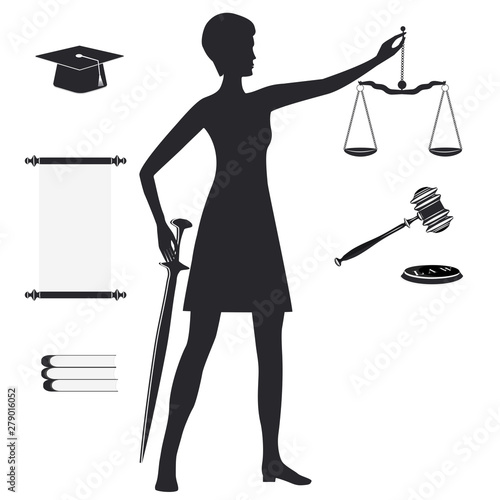 Judge, woman, modern Themis - in the hands of the sword and scales of justice, academic hat, scroll, judge's hammer - isolated on white background - vector.
