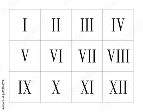 Set of roman numerals isolated on white background. Vector numbers concept. Design element for clock face, banners, posters.