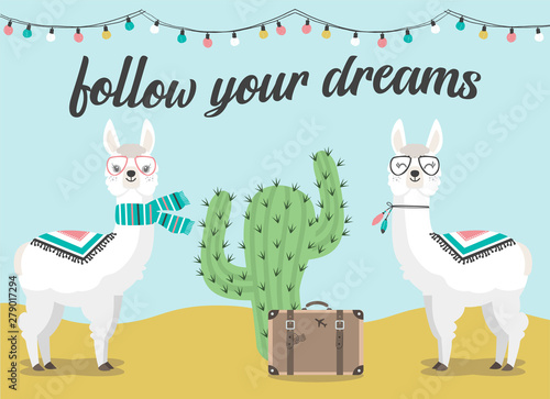 Cute llama and alpaca of hand drawn illustrations, cactus and suitcase with the phrase follow your dreams