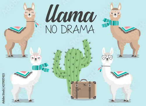 Cute llama and alpaca collection of hand drawn illustrations, cactus and suitcase