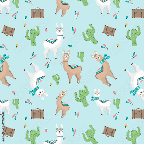 Samless patterns of cute llama and alpaca hand drawn illustrations