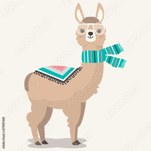 Cute llama and alpaca  on brown tone, hand drawn illustrations