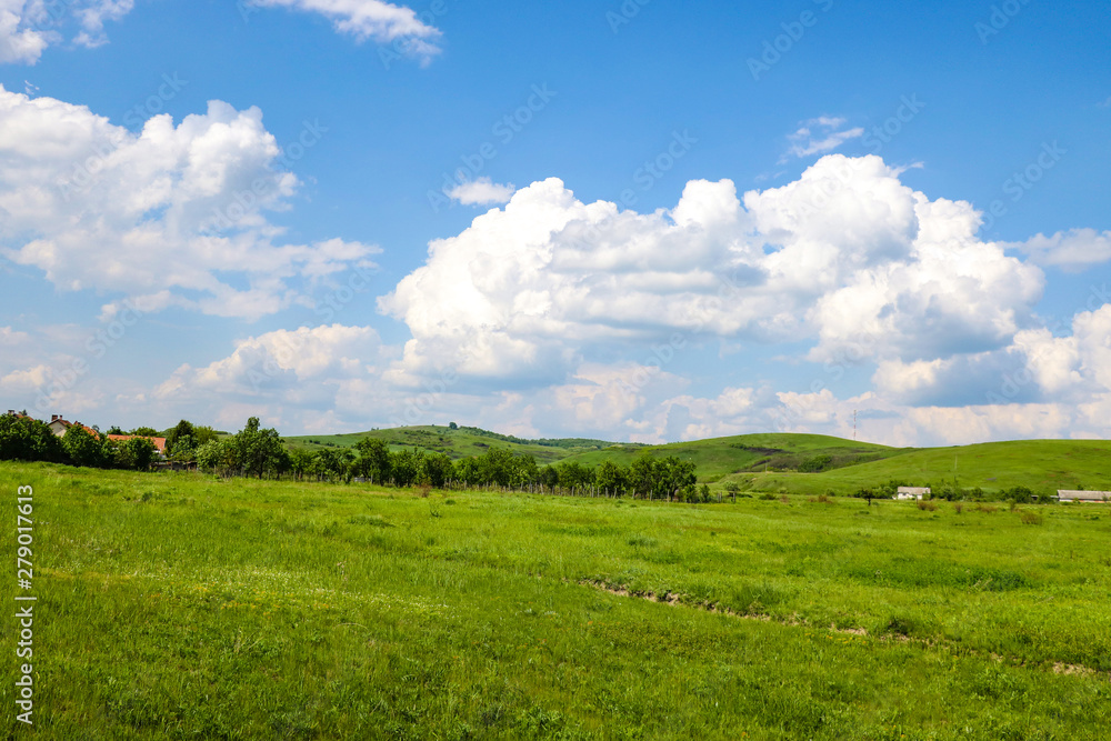 Obraz premium Green fields on the background of mountains and blue sky with white clouds.