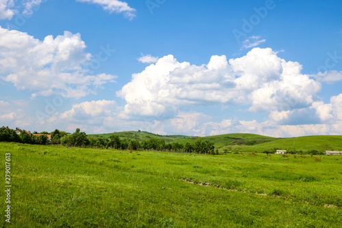 Green fields on the background of mountains and blue sky with white clouds.