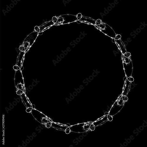 Barbed Wire Circle Isolated on Black Background. Stylized Prison Concept. Symbol of Not Freedom. Metal Frame Circle.