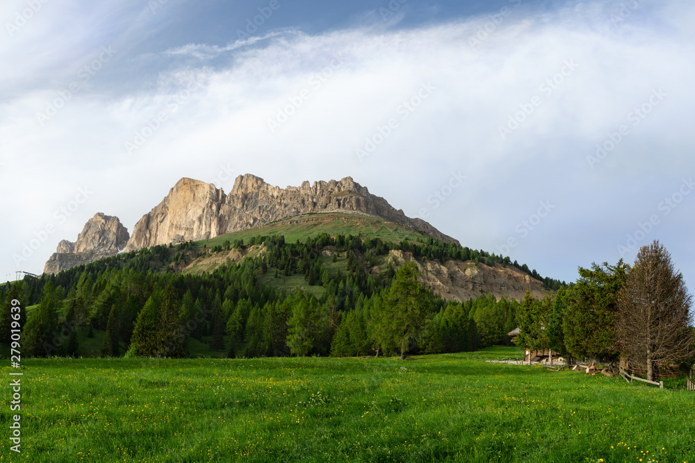 View of Catinaccio (Rosengarten) massif from Costalunga Pass. Dolomites, Italy
