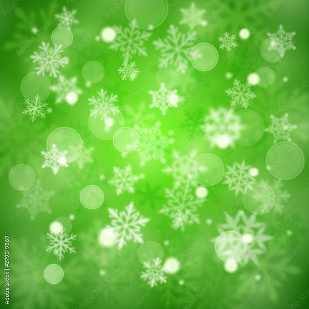 Christmas blurred background of complex defocused big and small falling snowflakes in green colors with bokeh effect Christmas blurred background of complex defocused big and small falling snowflakes in green colors with bokeh effect