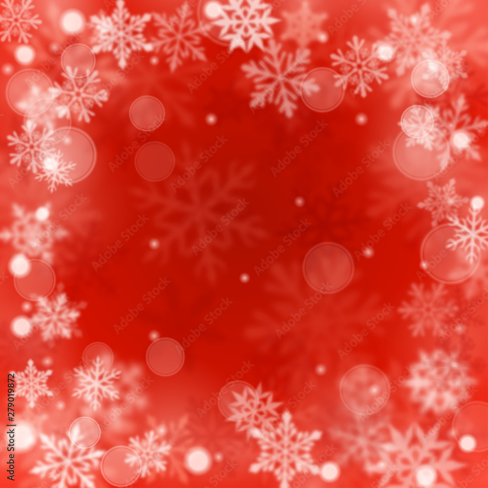 Christmas blurred background of complex defocused big and small falling snowflakes in red colors with bokeh effect