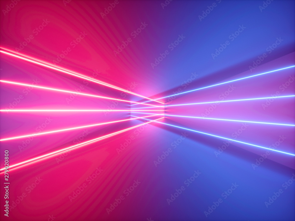 3d render, pink red blue neon light, abstract background with glowing ...