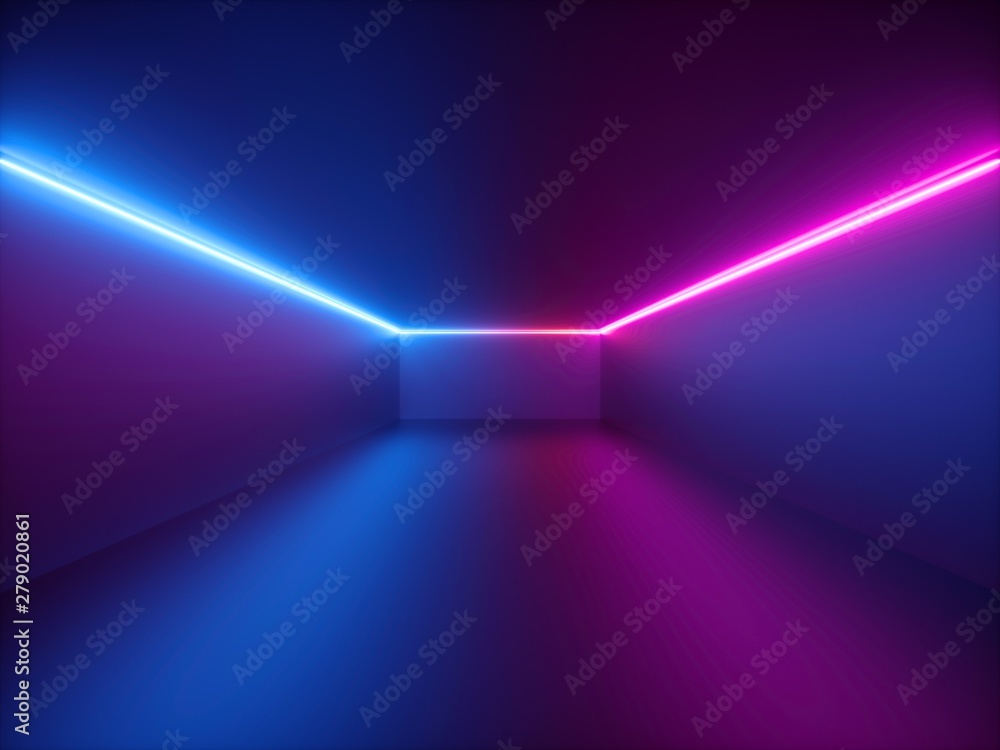 3d render, pink blue neon light, abstract background with glowing lines ...