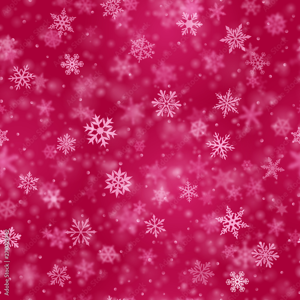 Christmas seamless pattern of complex blurred and clear falling snowflakes in crimson colors with bokeh effect