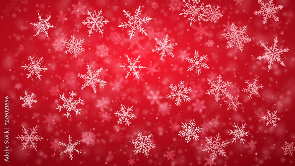 Christmas background of complex blurred and clear falling snowflakes in red colors with bokeh effect Christmas background of complex blurred and clear falling snowflakes in red colors with bokeh effect