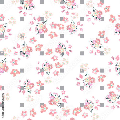 gentle little flowers and petals flying aside the botanical pattern of small colored wildflowers