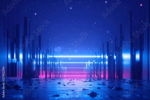 3d abstract neon background, glowing ultraviolet horizontal lines, cyber space, urban scene in virtual reality, empty street in fantastic city skyscrapers under the night sky, post apocalyptic concept